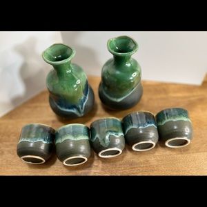 (7 PC Sake) Set 5 cups Kotobuki Ceramic Stoneware Green Turquoise Drip Glaze VTG